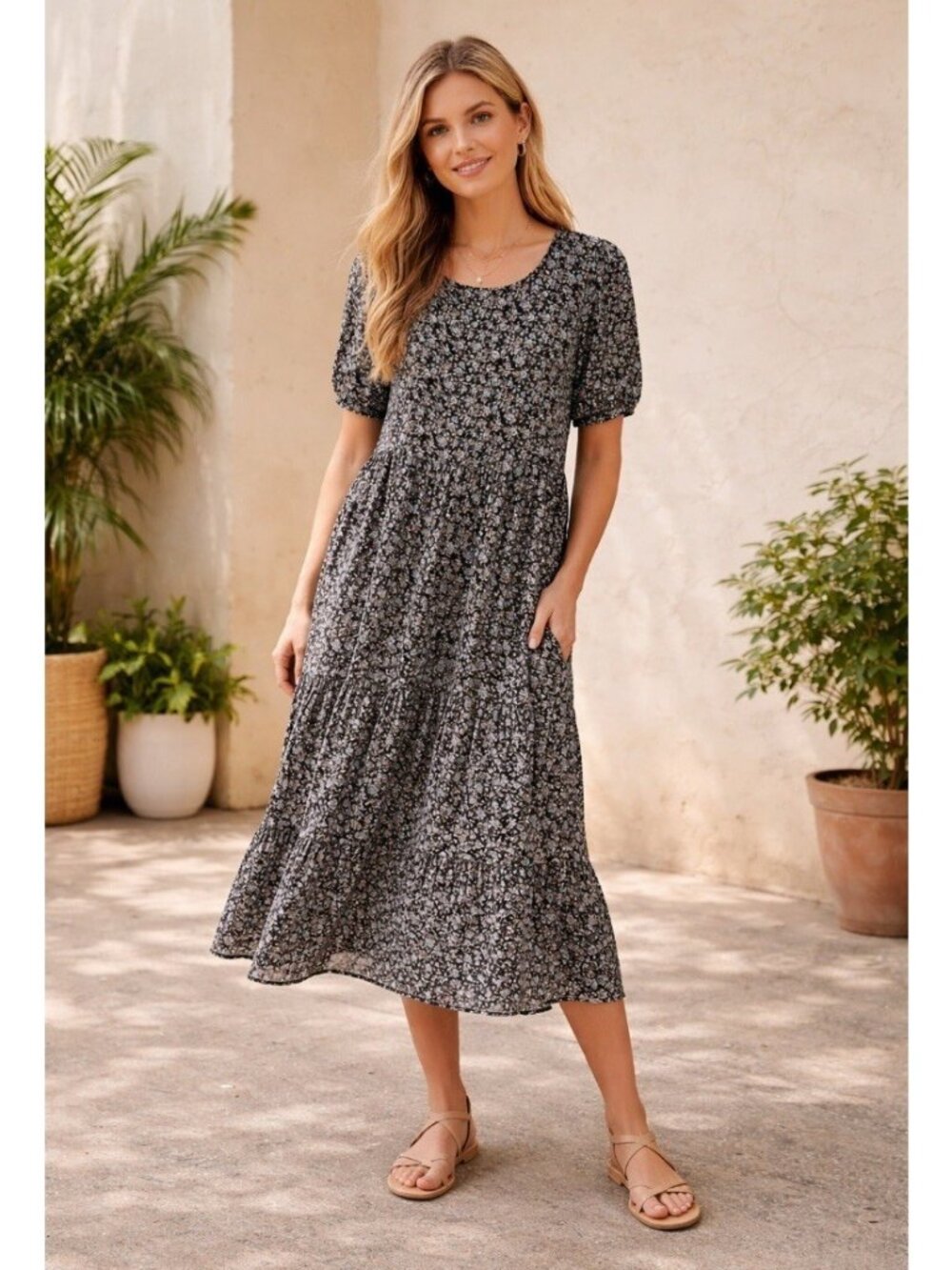 Aries Womens Tiered  Ditsy Floral Midi  Dress Size M cottagecore Boho Nap